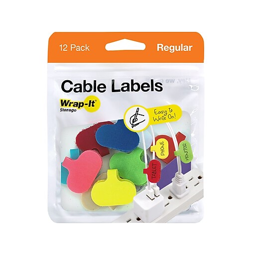WrapIt Storage Cable Identification Labels, Assorted Colors, 12/Pack