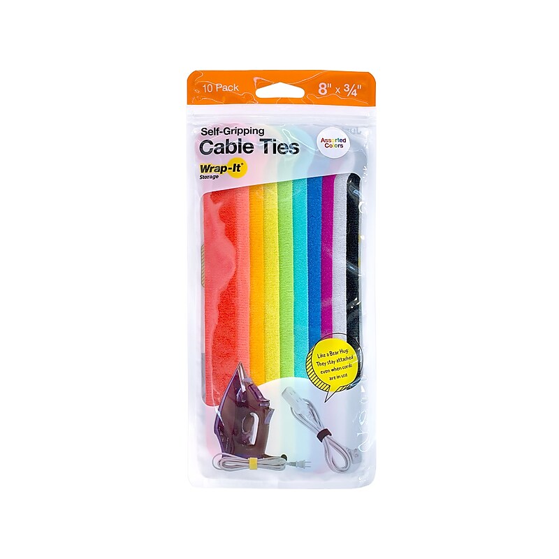 Wrap-It Storage Cable Ties, 8" x 0.75", Assorted Colors, 10/Pack (410-8MC) image 1