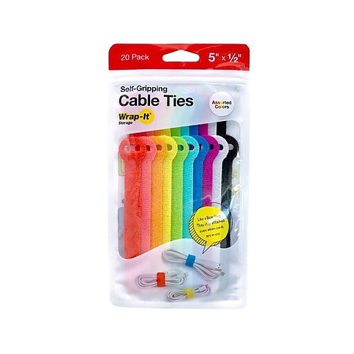 WrapIt Storage Cable Ties, 5" x 0.5", Assorted Colors, 20/Pack (4205MC) Staples
