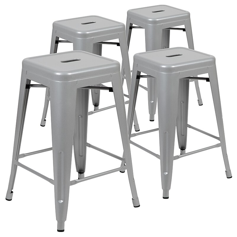 Flash Furniture Cierra Industrial Metal Stackable Counter-Height Bar Stool without Back, Silver, 4-Pieces/Pack (4ET3132024SVR) image 1