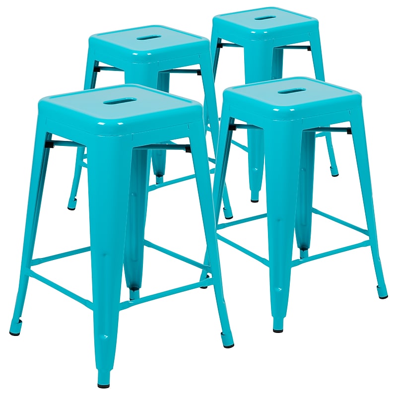 Flash Furniture Cierra Industrial Metal Stackable Counter-Height Bar Stool without Back, Teal, 4-Pieces/Pack (4ET3132024TLR) image 1