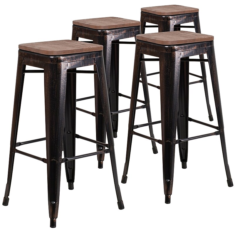 Flash Furniture Lily Industrial Metal Barstool without Back, Black-Antique Gold, 4-Pieces/Pack (4CH3132030BQW) image 1