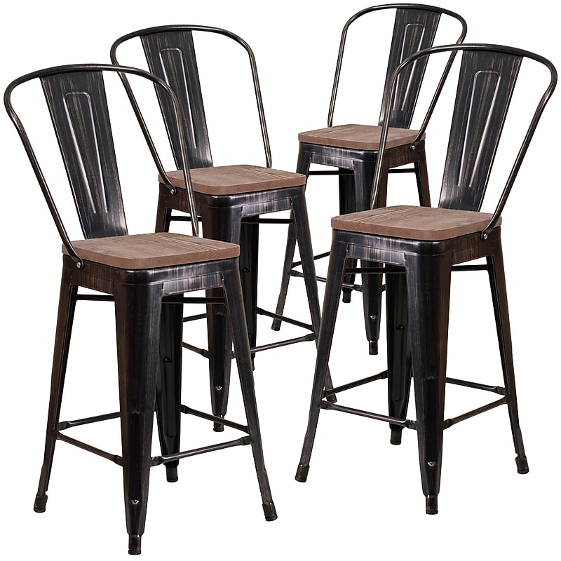 Flash Furniture Lily Contemporary Metal Vertical Back Counter Height Stool, Black-Antique Gold, 4-Pieces/Pack (4CH3132024GBBQW) image 1
