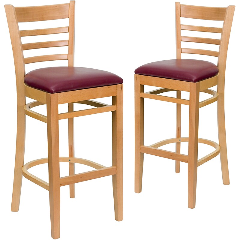 Flash Furniture HERCULES Traditional Wood Ladder Back Restaurant Barstool, Natural/Burgundy, 2-Pieces/Pack (2XUW05BLADNTBRV) image 1