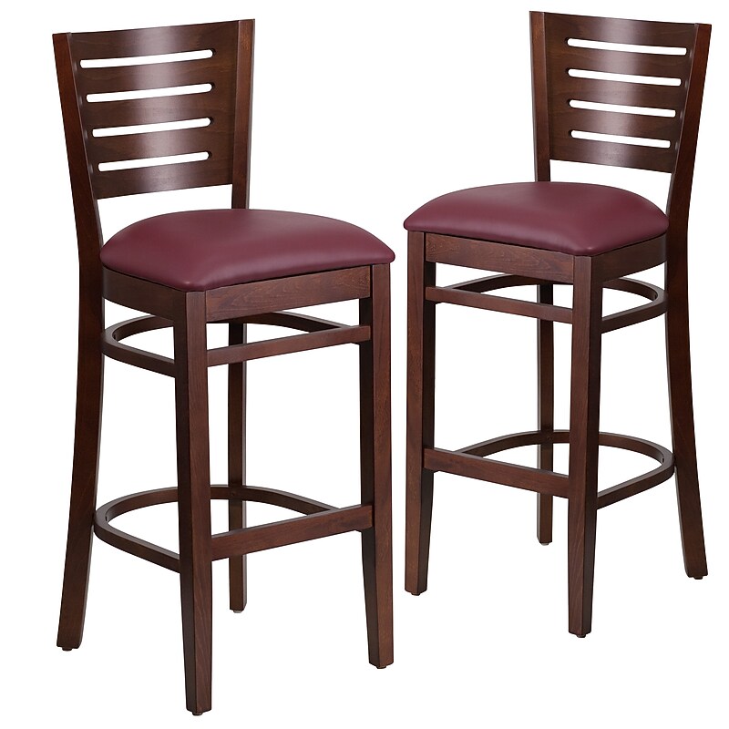 Flash Furniture Darby Series Traditional Wood Slat Back Restaurant Barstool, Walnut/Burgundy, 2-Pieces/Pack (2XUDGW018BWABGV) image 1