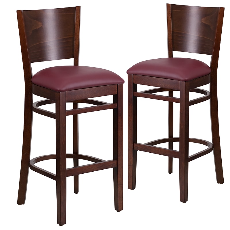 Flash Furniture Lacey Series Traditional Wood Full Back Restaurant Barstool, Walnut/Burgundy, 2-Pieces/Pack (2XUDGW094BWABGV) image 1