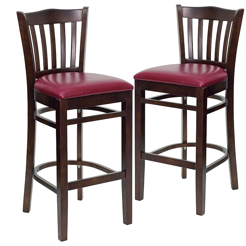 Flash Furniture HERCULES Traditional Wood Vertical Slat Back Barstool, Walnut/Burgundy, 2-Pieces/Pack (2XUW08BVRTWABGV) image 1