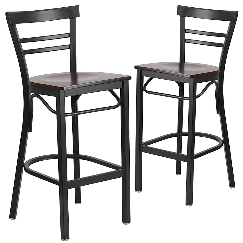 Flash Furniture HERCULES Traditional Metal Two-Slat Ladder Back Barstool, Black/Walnut, 2-Pieces/Pack (2XU6R9BLADBARWW) image 1