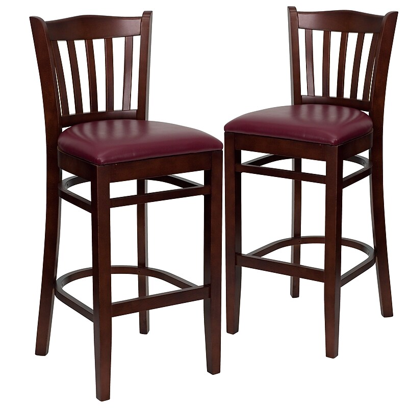Flash Furniture HERCULES Traditional Wood Vertical Slat Back Barstool, Mahogany/Burgundy, 2-Pieces/Pack (2XUW08BVRTMABGV) image 1