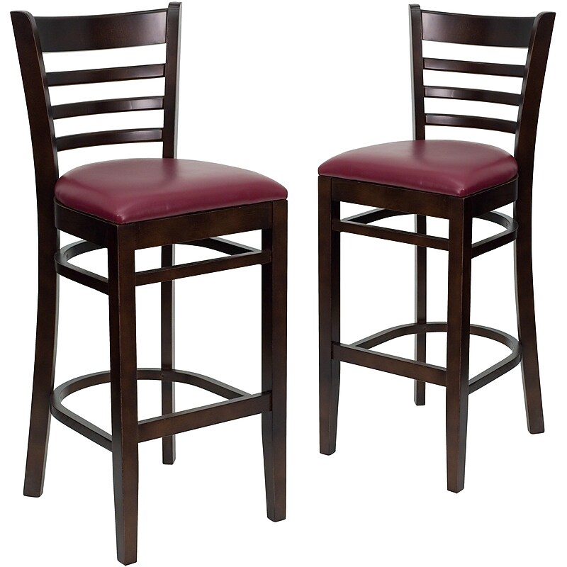 Flash Furniture HERCULES Traditional Wood Ladder Back Restaurant Barstool, Walnut/Burgundy, 2-Pieces/Pack (2XUW05BLADWABRV) image 1