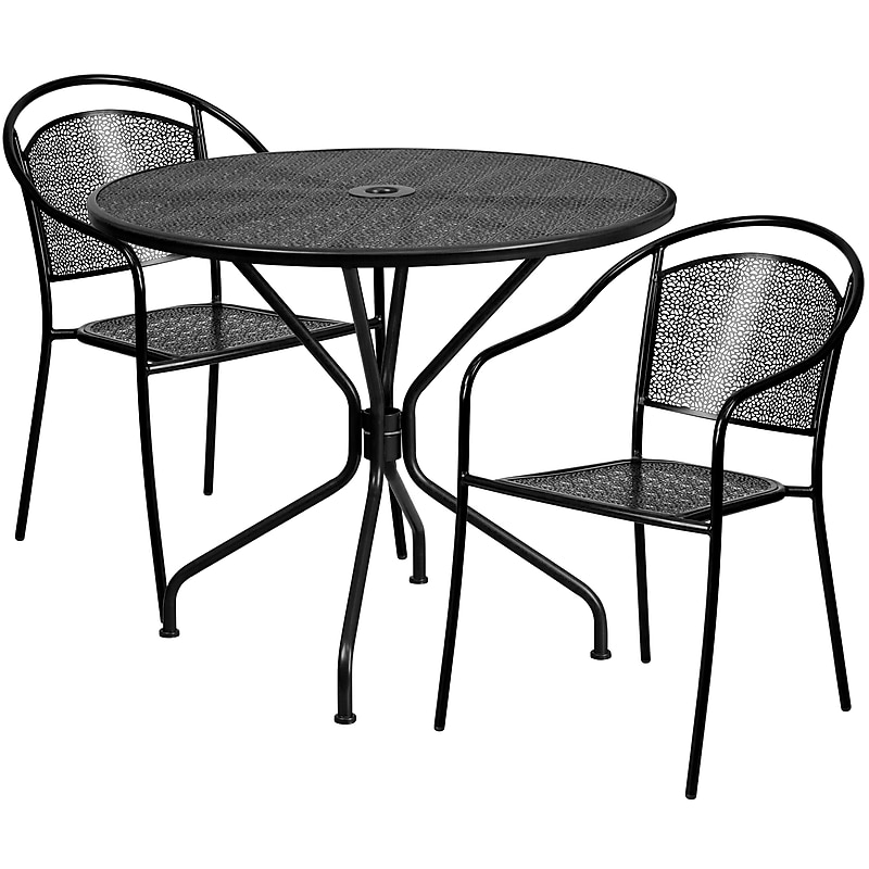 Flash Furniture Oia Indoor-Outdoor 35.25" Round Steel Patio Table Set with 2 Round Back Chairs, Black (CO35BK03CHR2BK) image 1