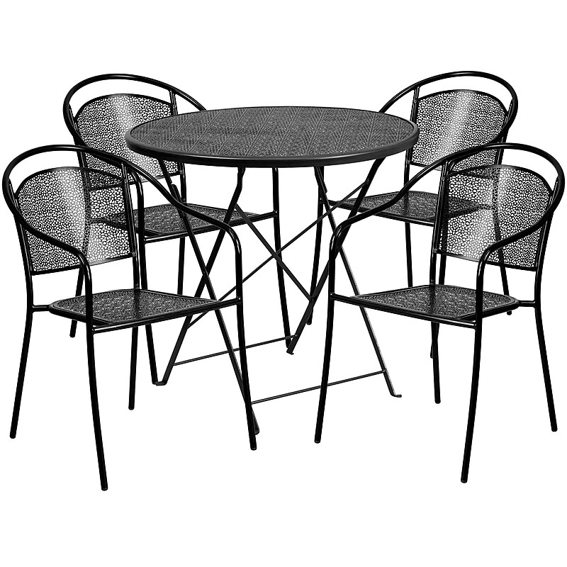 Flash Furniture Oia Indoor-Outdoor 30" Round Steel Folding Patio Table Set with 4 Round Back Chairs, Black (CO30BKF03CHR4BK) image 1
