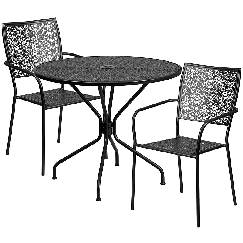 Flash Furniture Oia Indoor-Outdoor 35.25" Round Steel Patio Table Set with 2 Square Back Chairs, Black (CO35BK02CHR2BK) image 1