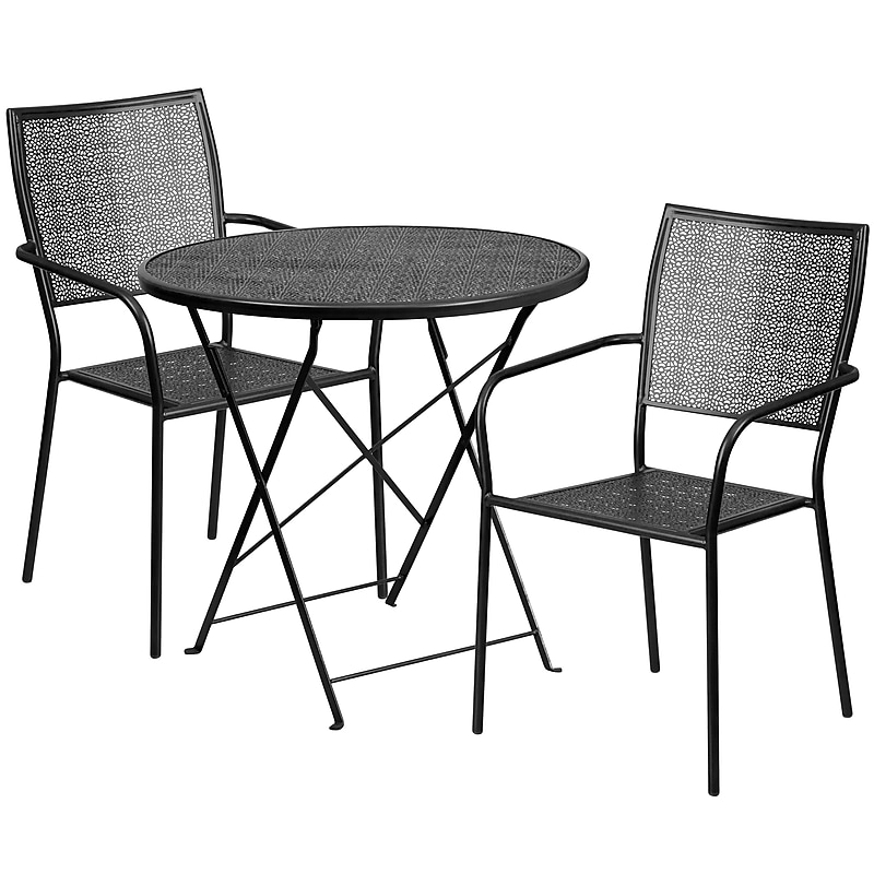 Flash Furniture Oia Indoor-Outdoor 30" Round Steel Folding Patio Table Set with 2 Square Back Chairs, Black (CO30BKF02CHR2BK) image 1