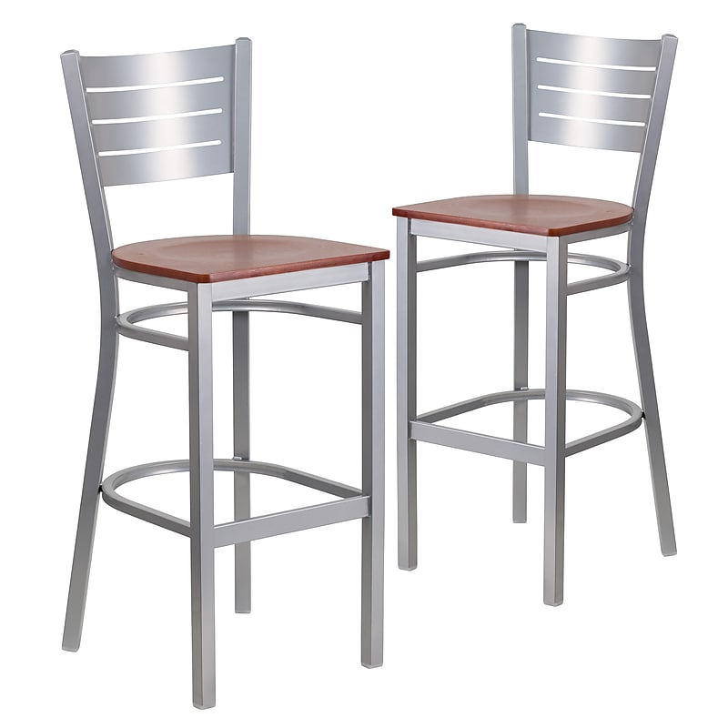 Flash Furniture HERCULES Series Traditional Metal Slat Back Restaurant Barstool, Silver/Cherry, 2-Pieces/Pack (2XUDG60402BCYW) image 1