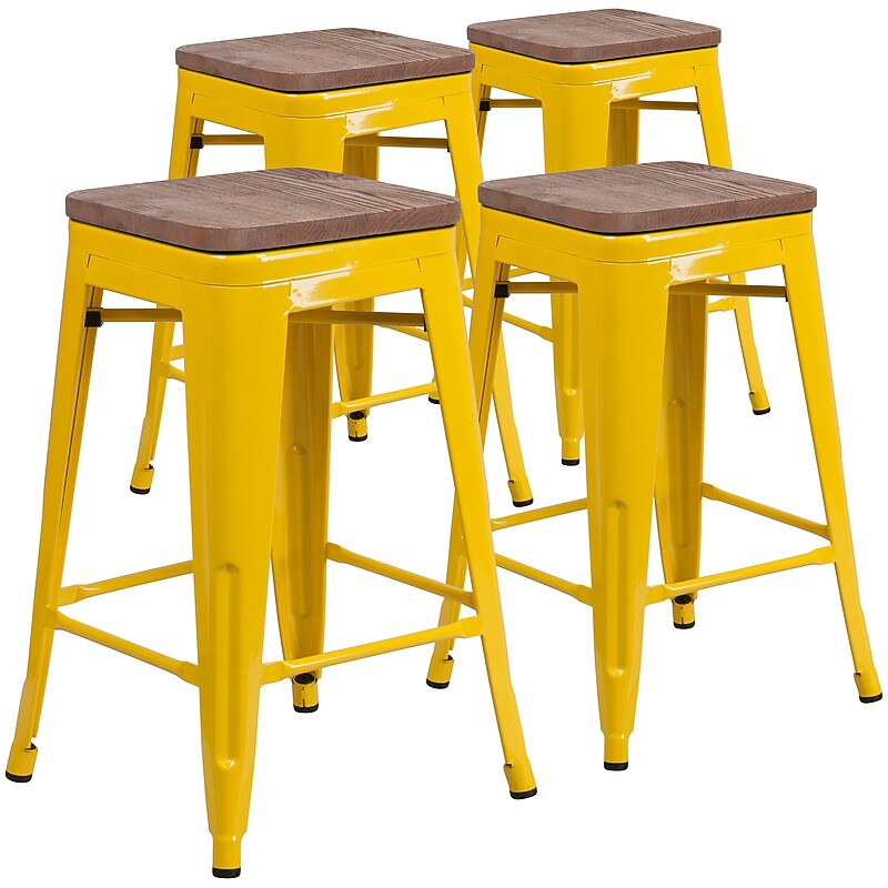 Flash Furniture Lily Industrial Metal Counter Height Stool without Back, Yellow, 4-Pieces/Pack (4CH3132024YLW) image 1