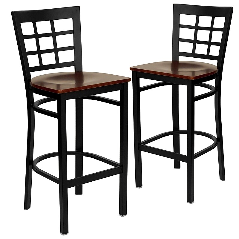 Flash Furniture HERCULES Traditional Metal Window Back Restaurant Barstool, Black/Mahogany, 2-Pieces/Pack (2XU6R7BWINBMAW) image 1