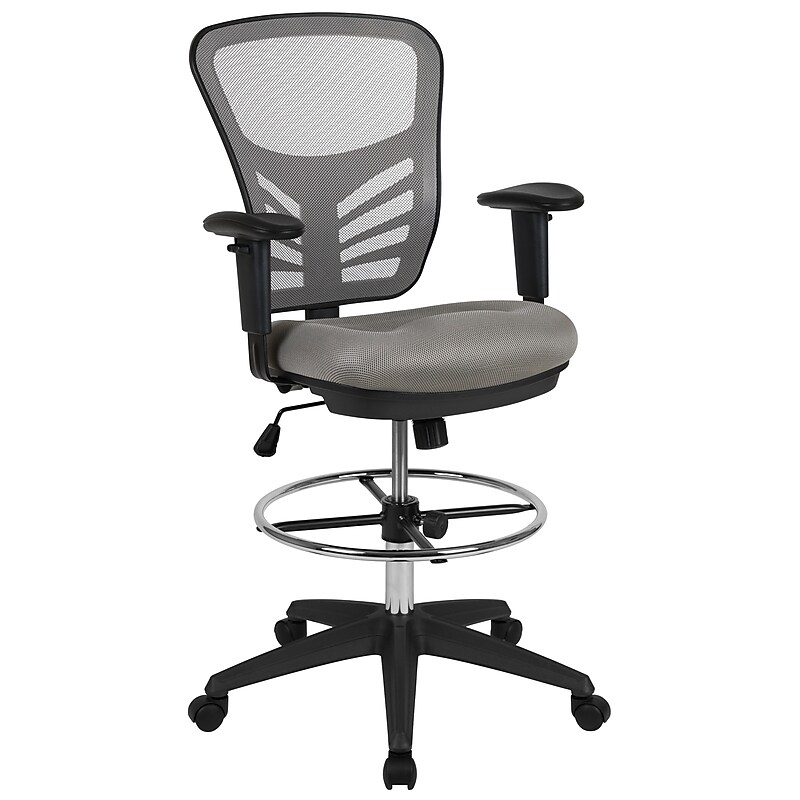 Flash Furniture Mesh Ergonomic Drafting Chair with Adjustable Foot Ring and Lumbar Support, Light Gray/Black (HL00011CBKLTGY) image 1