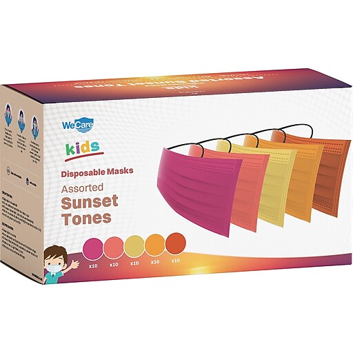 WeCare Disposable Face Masks, Kids, Assorted Sunset Tones, 50/Pack