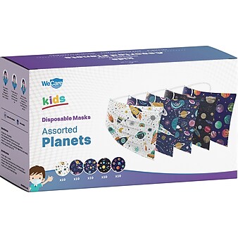 WeCare Disposable Face Masks, Kids, Assorted Planets Print, 50/Pack (WMN100129)