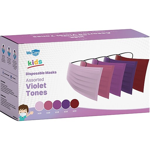 WeCare Disposable Face Masks, Kids, Assorted Violet Tones, 50/Pack