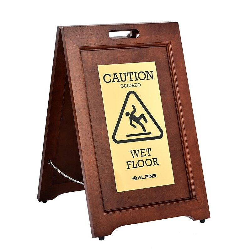 Alpine Industries Wet Floor Sign, 24" x 15", Rubber Wood/Brass (499-BRA) image 1