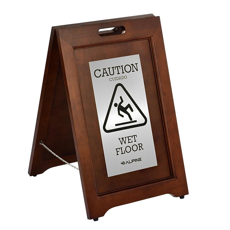 Alpine Industries Wet Floor Sign, 24" x 15", Rubber Wood/Stainless Steel (499-SSB) image 1
