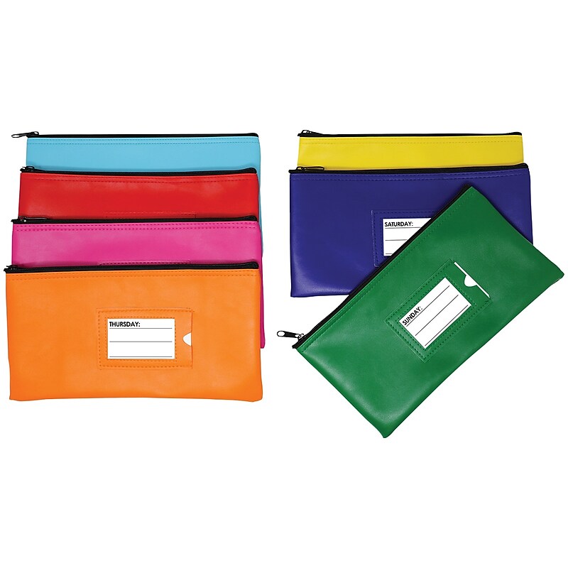 Nadex Coins Vinyl 7-Day Pack of Zippered Bank Deposit Cash and Coin Bags with Card Window, Neon colors (NDS9-1222) image 1