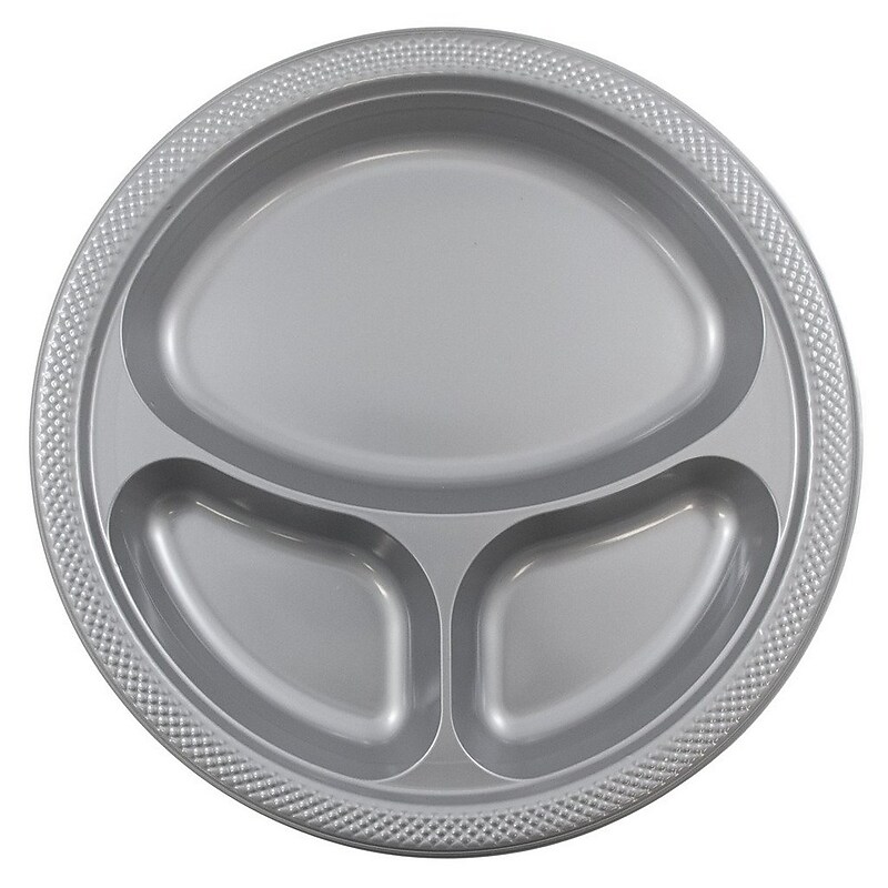 JAM Paper 10 1/4" 3-Compartment Plastic Plates, Silver, 20 Plates/Pack (10255CPSL) image 1