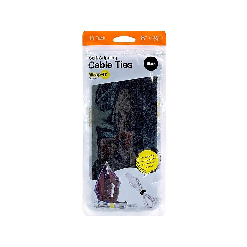 Wrap-It Storage Self-Gripping Cable Tie, 8" x 0.75", Black, 10/Pack (410-8BL) image 1