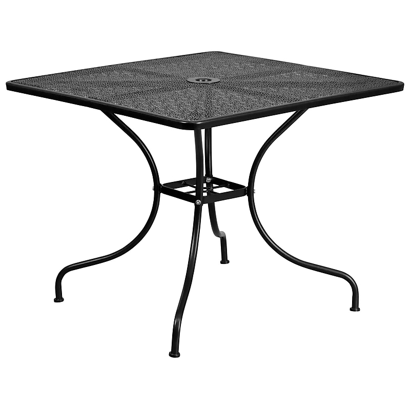 Flash Furniture Oia Commercial Grade Square Indoor-Outdoor Steel Patio Table with Umbrella Hole, Black (CO6BK) image 1