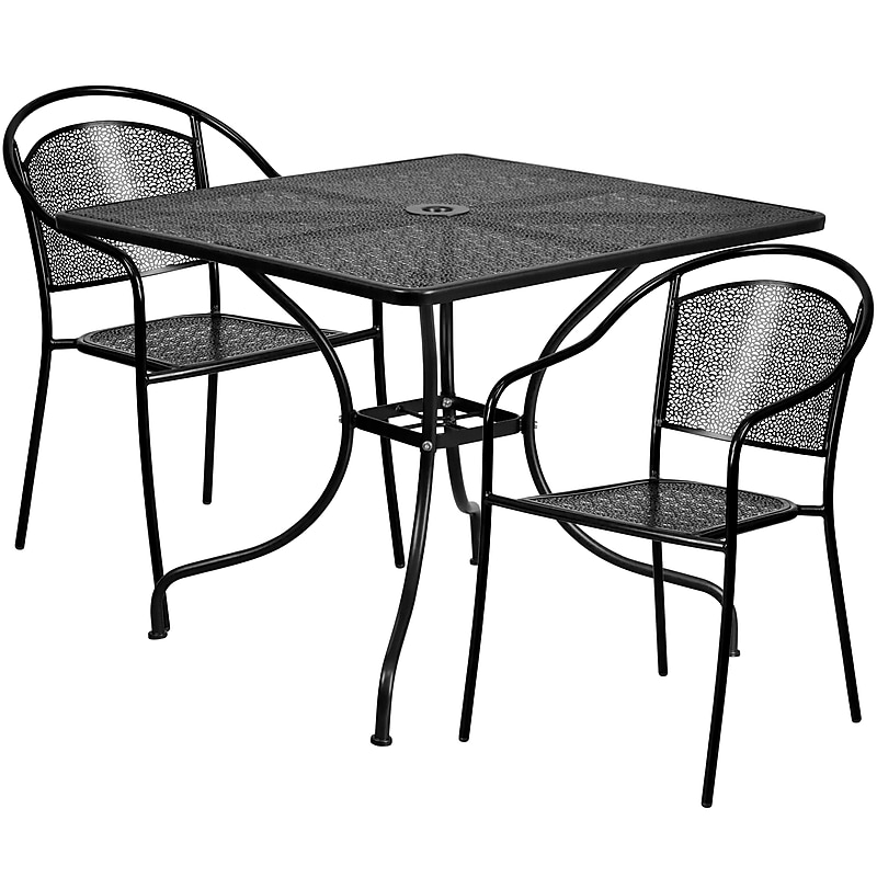 Flash Furniture Oia Indoor-Outdoor 35.5" Square Steel Patio Table Set with 2 Round Back Chairs, Black (CO35SQ03CHR2BK) image 1