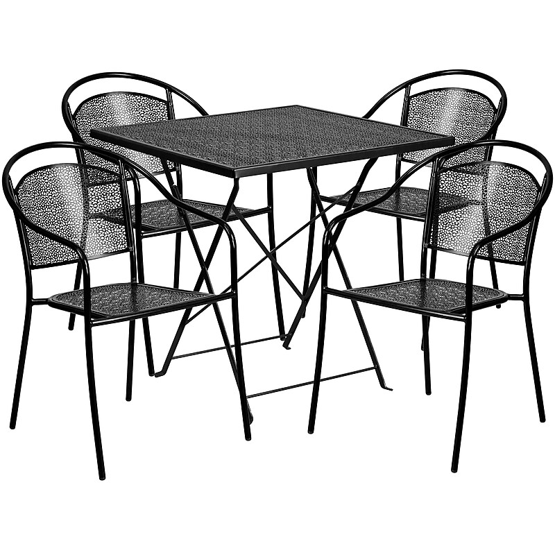 Flash Furniture Oia Indoor-Outdoor 28" Square Steel Folding Patio Table Set with 4 Round Back Chairs, Black (CO28SQF03CHR4BK) image 1