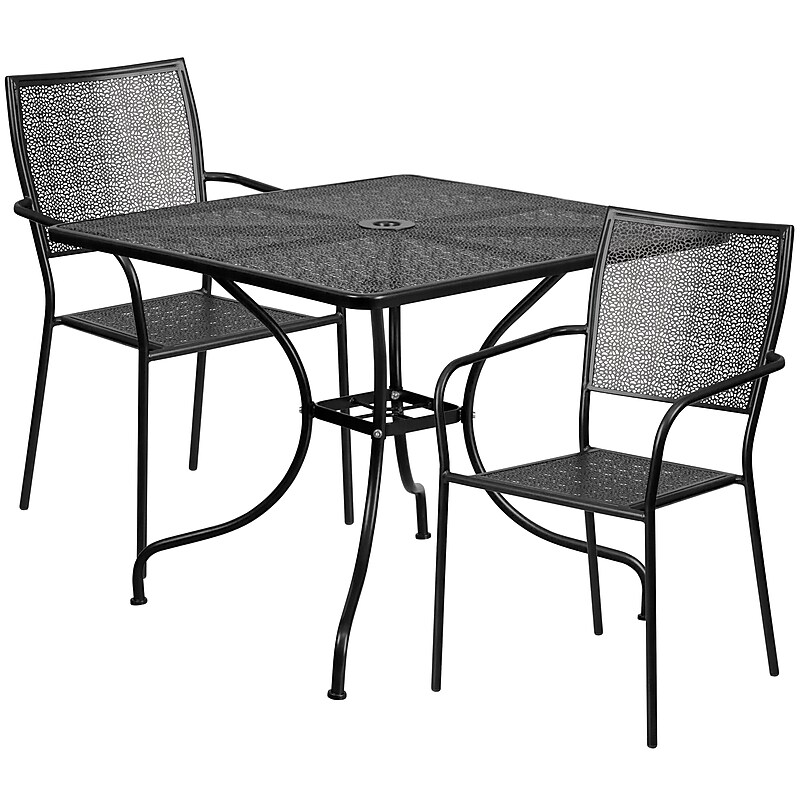 Flash Furniture Oia Indoor-Outdoor 35.5" Square Steel Patio Table Set with 2 Square Back Chairs, Black (CO35SQ02CHR2BK) image 1