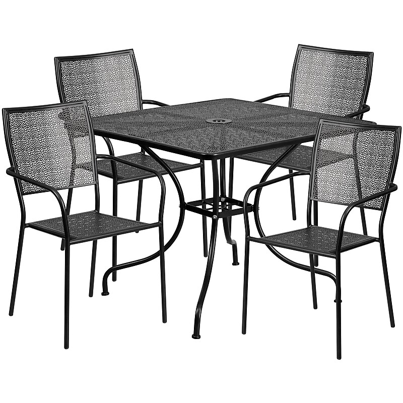 Flash Furniture Oia Indoor-Outdoor 35.5" Square Steel Patio Table Set with 4 Square Back Chairs, Black (CO35SQ02CHR4BK) image 1