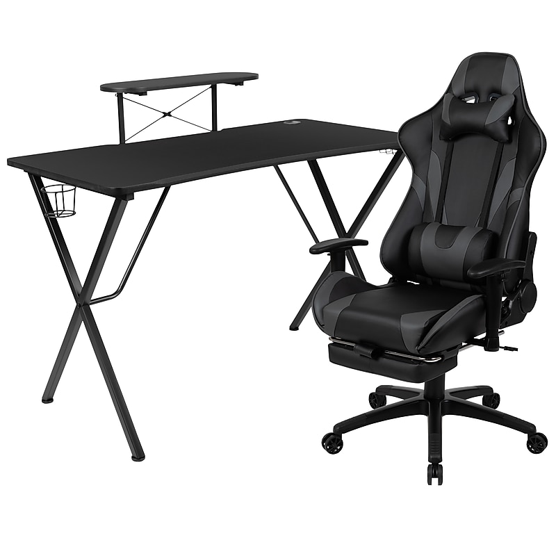 Flash Furniture 52"W Gaming Desk with Gray Reclining Gaming Chair with Footrest, Black (BLNX30RSG1031GY) image 1