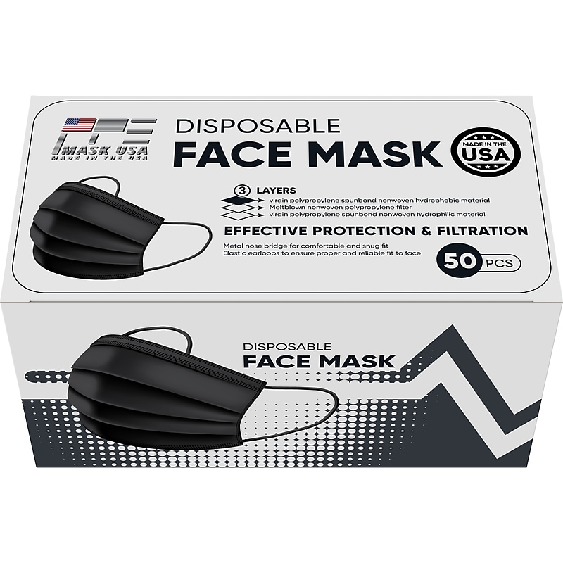 PPE Mask USA Disposable Surgical Cloth Face Mask, One Size, Black, 50/Box, 5 Boxes/Pack (TBN203202) image 1