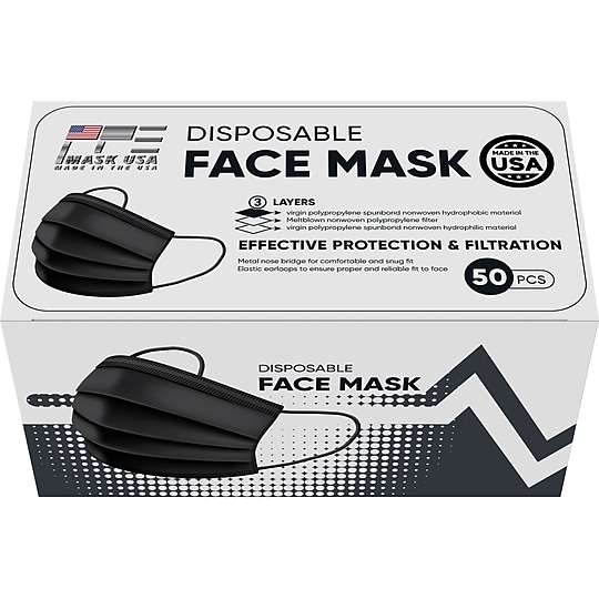 PPE Mask USA Disposable Surgical Cloth Face Mask, One Size, Black, 50/Box, 5 Boxes/Pack (TBN203202)