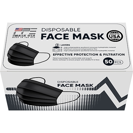 PPE Mask USA Disposable Surgical Cloth Face Mask, One Size, Black, 50