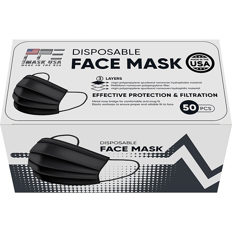 PPE Mask USA Disposable Surgical Cloth Face Mask, One Size, Black, 50/Box, 20 Boxes/Pack (TBN203203) image 1