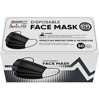 PPE Mask USA Disposable Surgical Cloth Face Mask, One Size, Black, 50/Box, 20 Boxes/Pack (TBN203203)