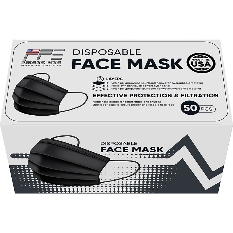 PPE Mask USA Disposable Surgical Cloth Face Mask, One Size, Black, 50/Box, 10 Boxes/Pack (TBN203208) image 1