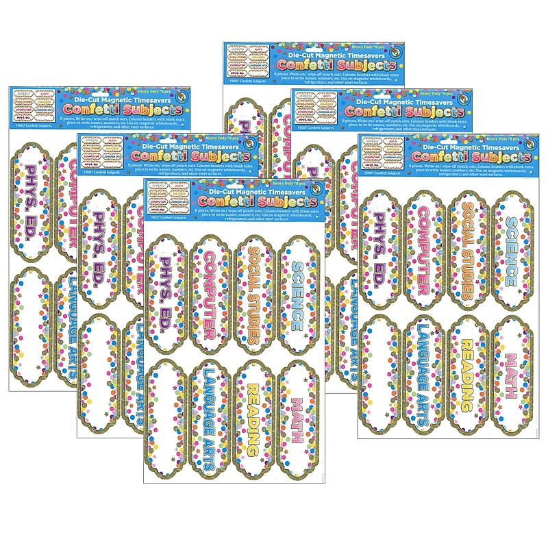 Ashley Productions Magnetic Die-Cut Timesavers & Labels, Confetti Classroom Subjects, 8 Per Pack, 6 Packs (ASH19007-6) image 1