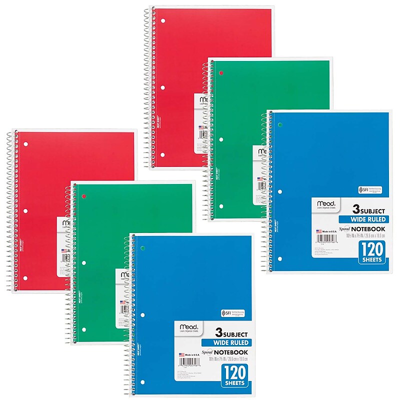 Mead 3-Subject Notebooks, Wide Ruled, 120 Sheets, Assorted Colors, 6/Bundle (MEA05746-6) image 1