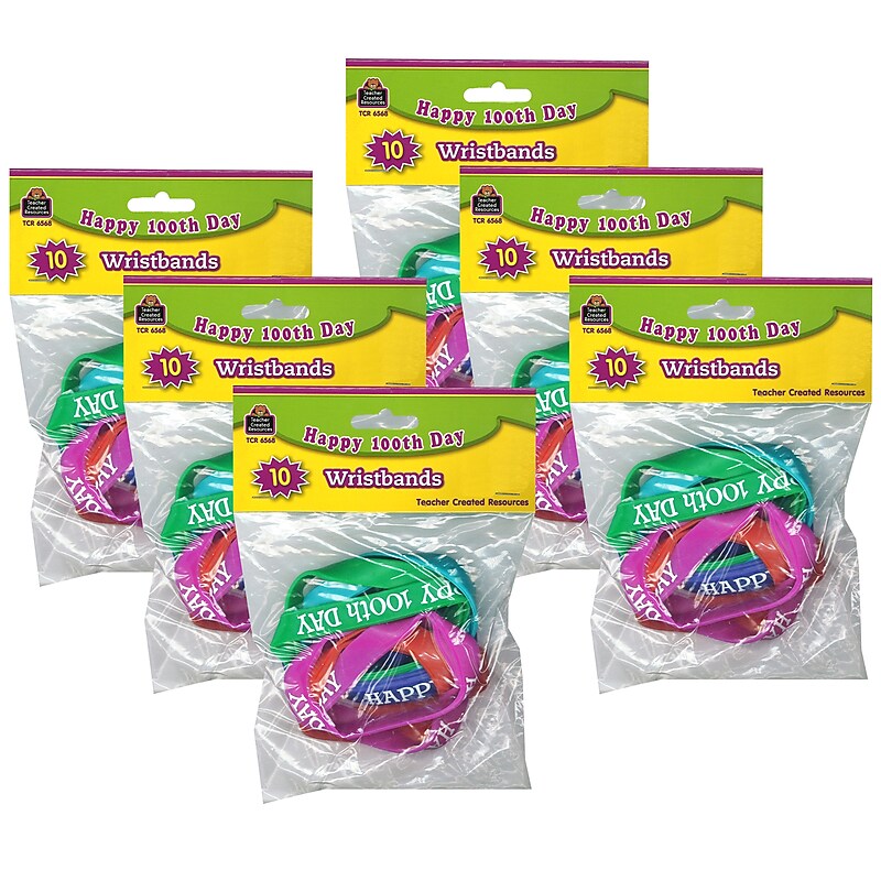 Teacher Created Resources Happy 100th Day Wristband Pack, 10 Per Pack, 6 Packs (TCR6568-6) image 1