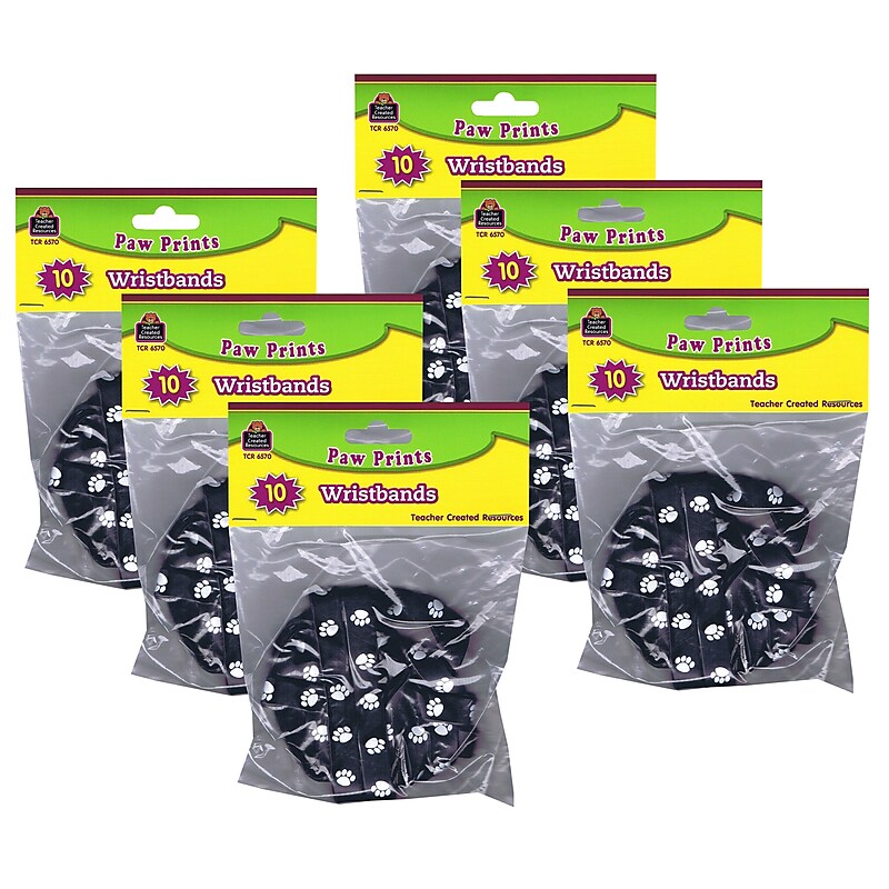 Teacher Created Resources Black with White Paw Prints Wristband Pack, 10 Per Pack, 6 Packs (TCR6570-6) image 1