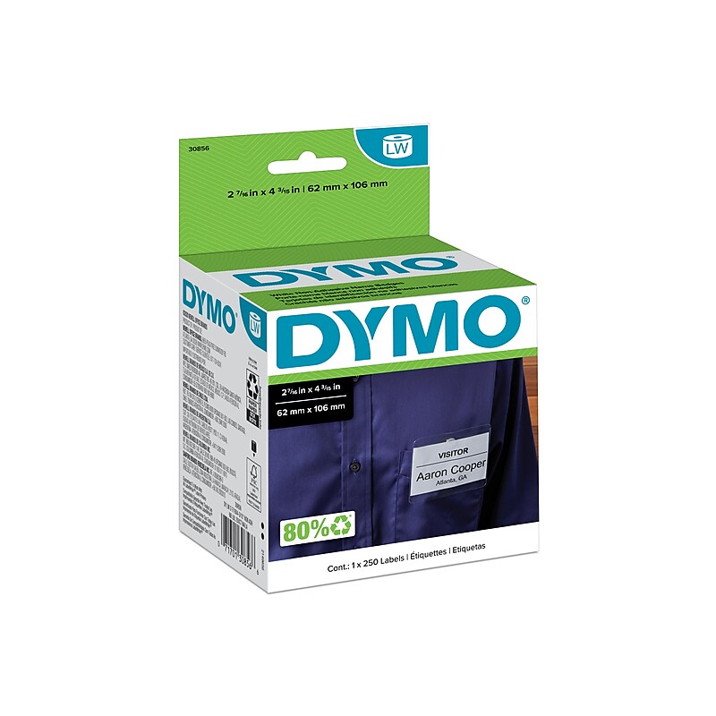DYMO LabelWriter 30856 Non-Adhesive Name Badges, 4-3/15" x 2-7/16", Black on White, 250 Labels/Roll (30856) image 1