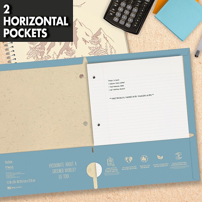Mead We Mean Green 3-Hole Punched 2-Pocket Paper Folders, Assorted