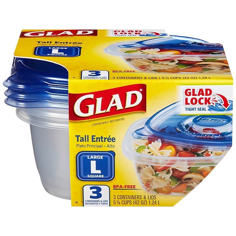 Glad Tall Entree Plastic Container With Lid, Clear/Blue, 3/Box (BBG10041) image 1