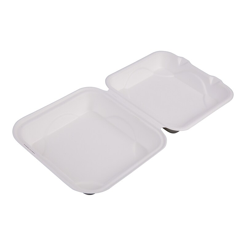 Eco-Products Sugarcane Hinged Lid 1 Compartment Clamshell Carry-Out Container, White, 200/Carton (ECOEPHC91) image 1